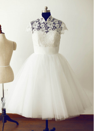 High Neck Ivory Lace Tulle Tea Length Wedding Dress